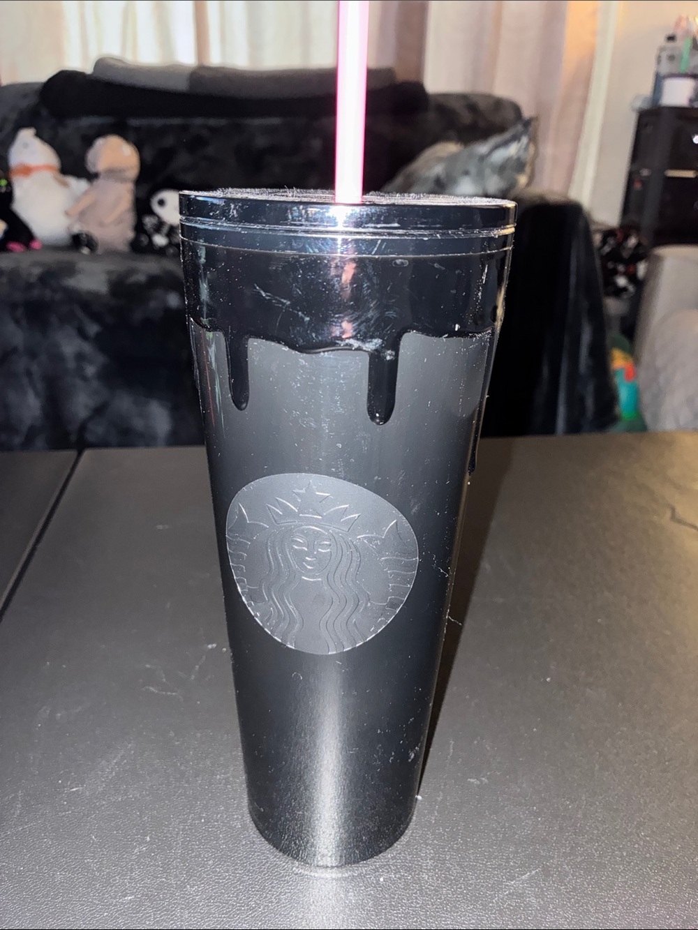 Starbucks Black Drip Logo Tumbler Pink Straw slime 24oz cold Halloween 👻